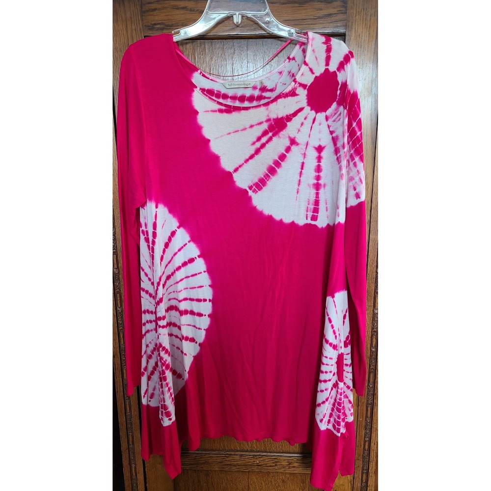 Soft Surroundings Pink White Tie Dye Sunburst Long Sleeve Tunic Top Relaxed Fit